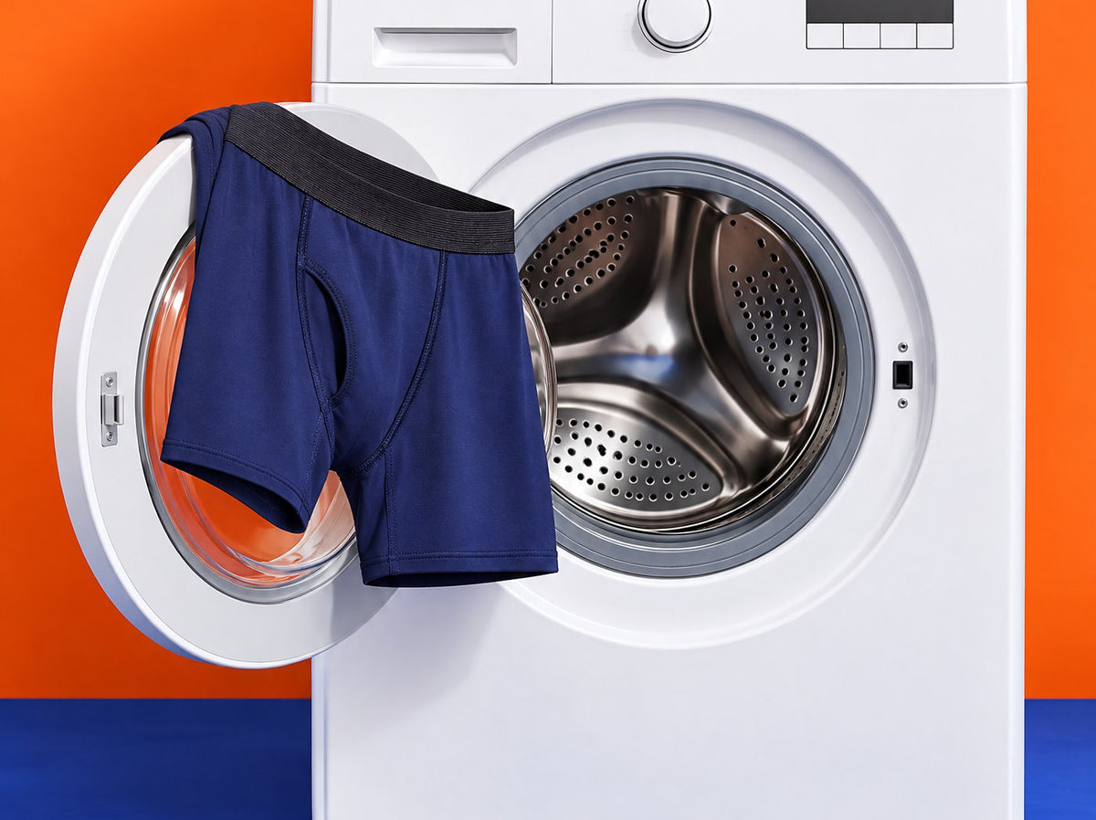 Dryden boxer brief going into a washing machine